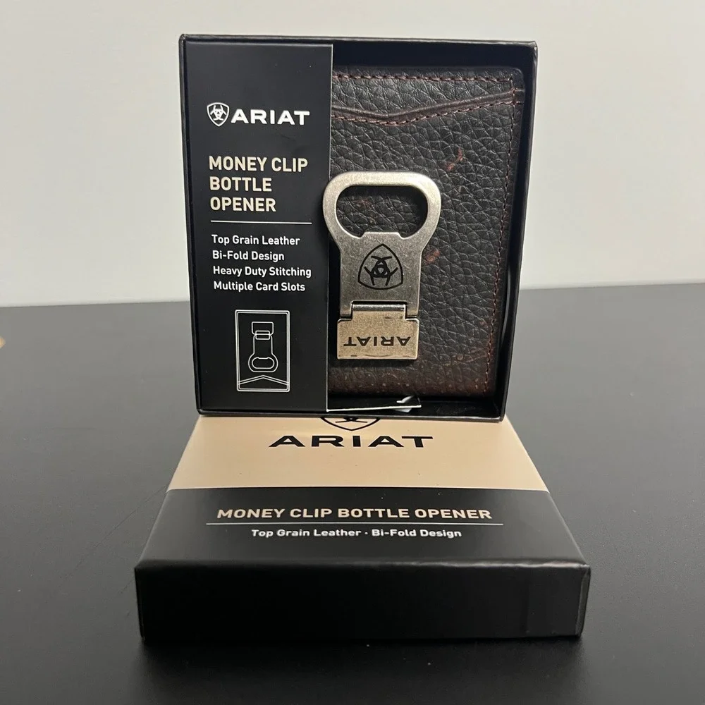 Ariat Mens Brown Top Grain Leather Bi-Fold Money Clip Wallet Bottle Opener NEW